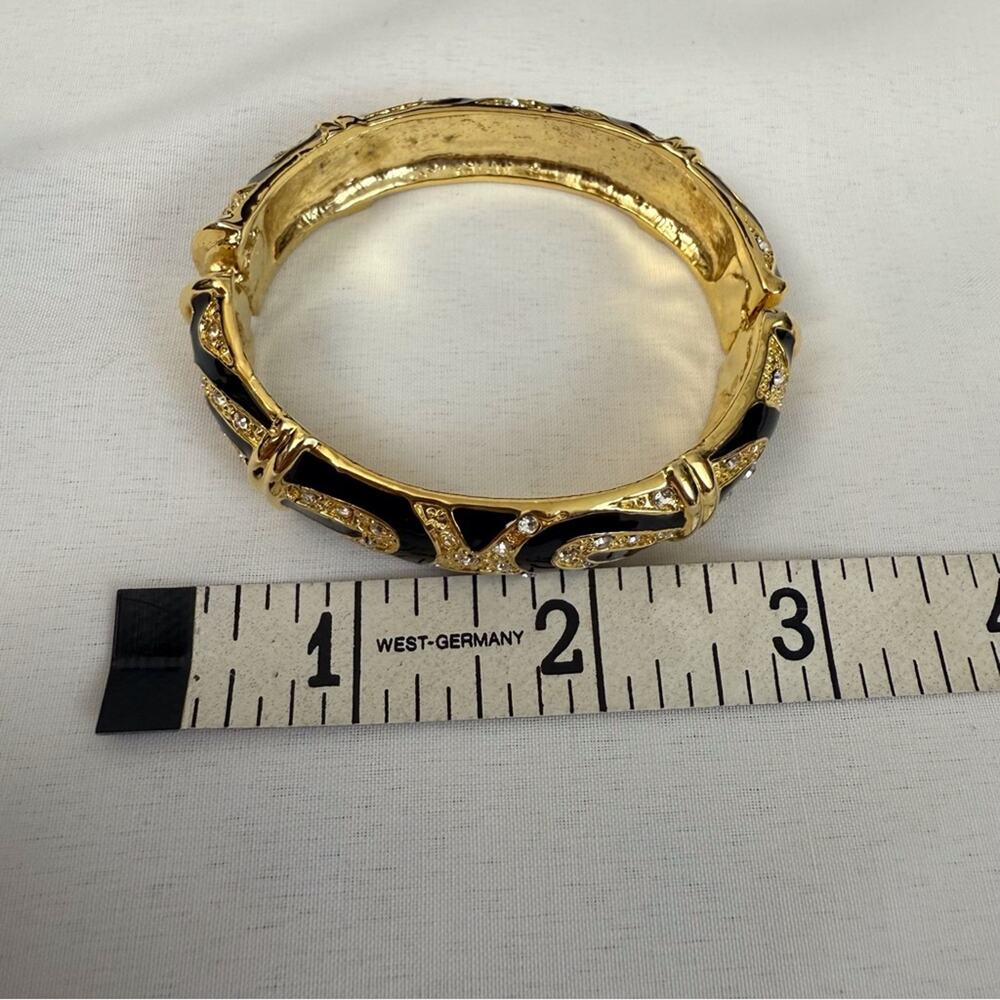 Y2k Rhinestone Gold Black Enamel Bracelet Vintage Hinged Clasp - Picture 12 of 16